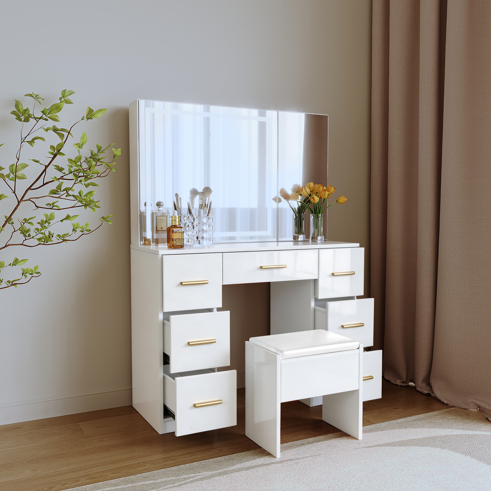 طاولة تزيين تسريحة - لون أبيض بواجهة لامعة